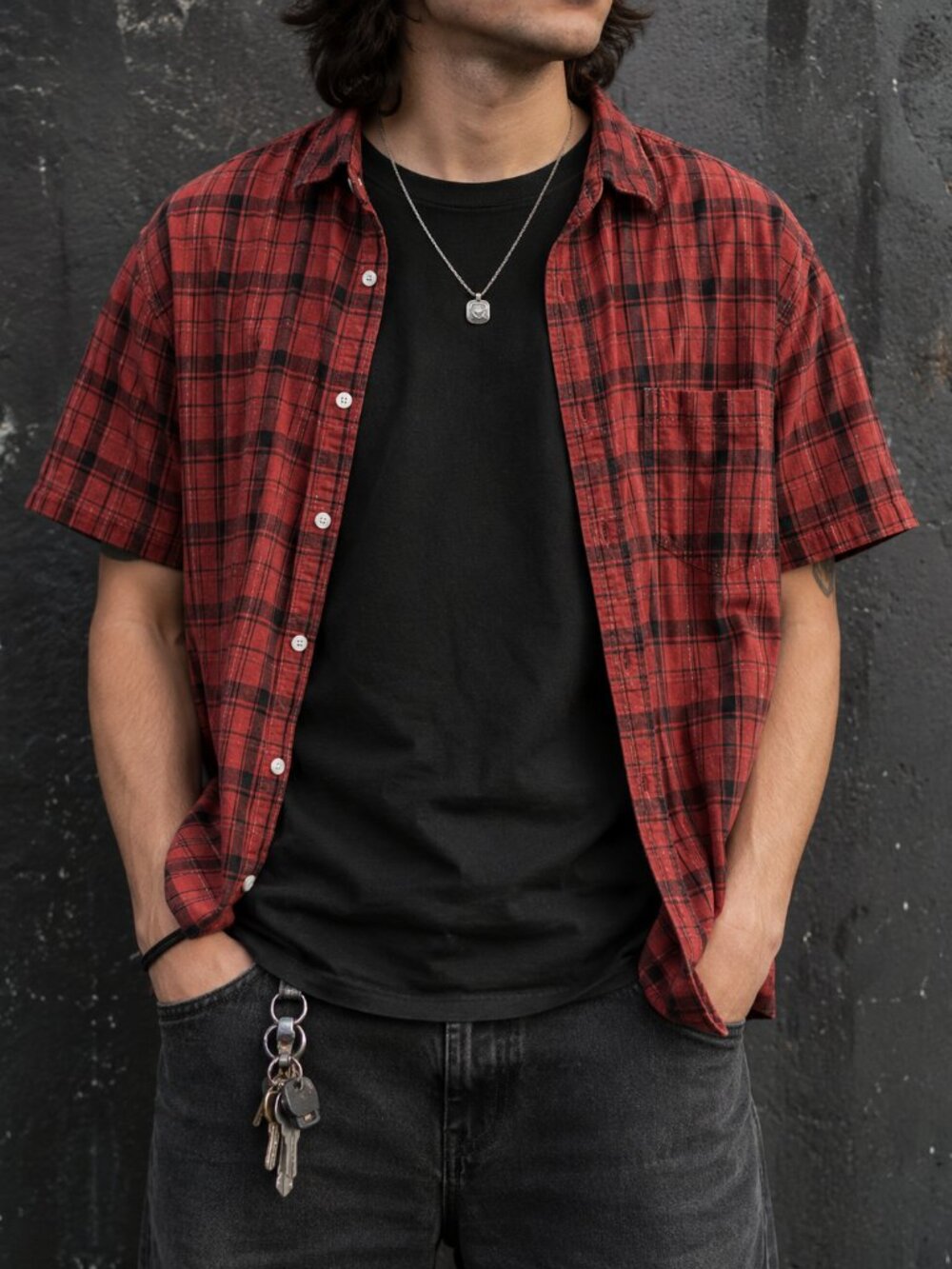 ASOS Red Black Plaid Button Up Shirt Men's Medium Grunge